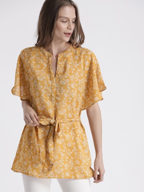 

Chemistry Women Mustard Yellow Printed A-Line Longline Top