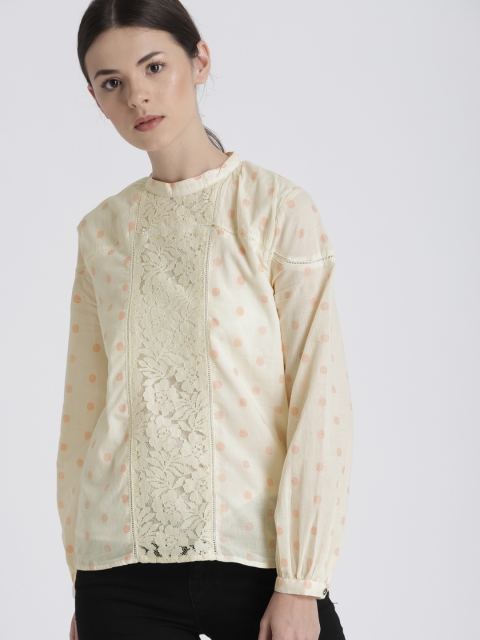 

Chemistry Women Cream-Coloured Self Design Pure Cotton Top