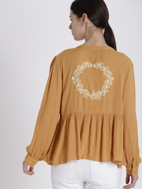 

Chemistry Women Peach-Coloured Solid Embroidered Shirt Style Top