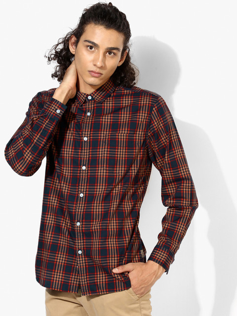 

Flying Machine Men Navy Blue & Rust Orange Slim Fit Checked Casual Shirt