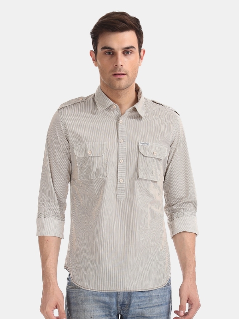 

Flying Machine Men Cream-Coloured & Grey Regular Fit Striped Casual Shirt