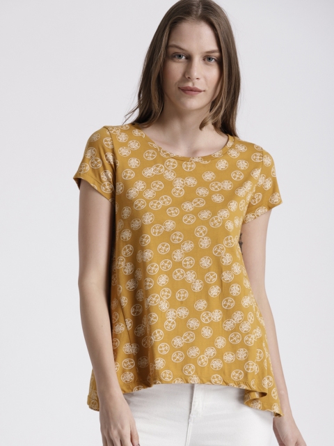 

Chemistry Women Mustard Yellow Printed A-Line T-shirt