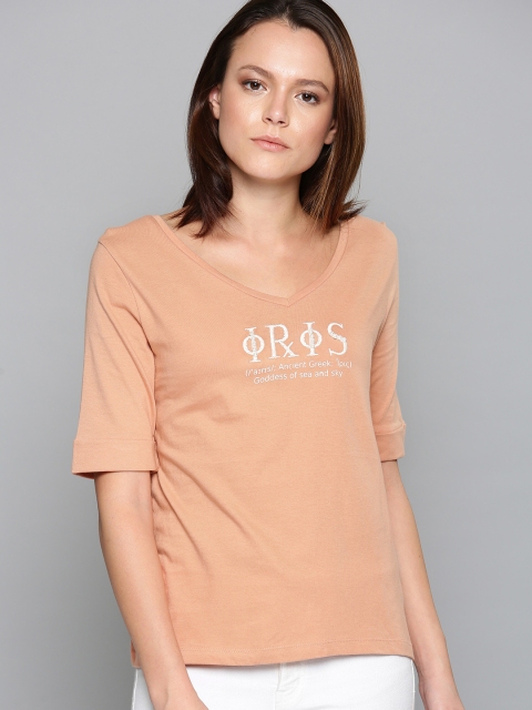 

Chemistry Women Peach-Coloured Printed V-Neck T-shirt