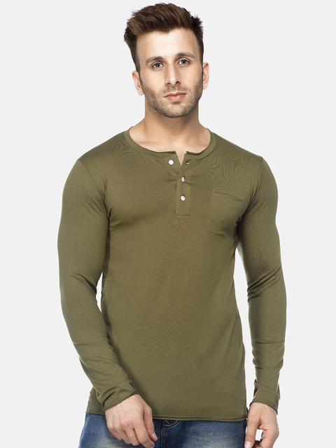 

Tinted Men Olive Green Solid Henley Neck T-shirt