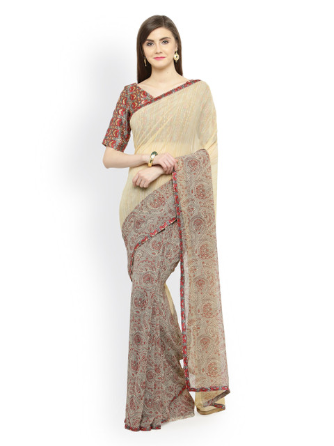 

Shaily Cream-Coloured & Red Pure Georgette Printed Saree