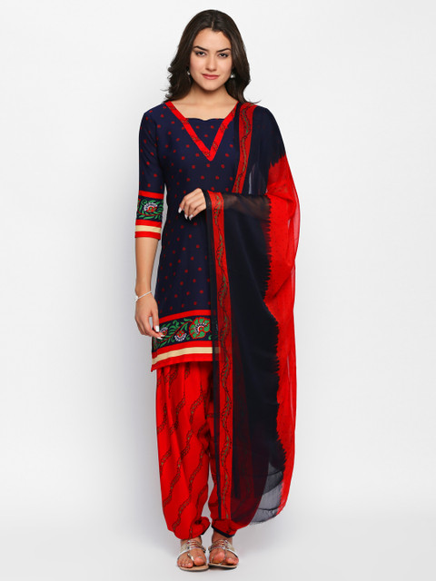 

Ishin Women Blue & Red Poly Crepe Unstitched Dress Material