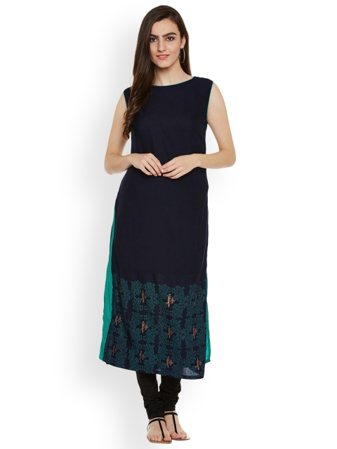 

9rasa Women Navy Blue Printed Straight Kurta