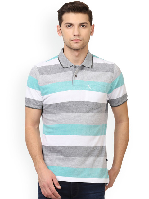 

Parx Men Grey & White Striped Polo Collar T-shirt with Chest Pocket