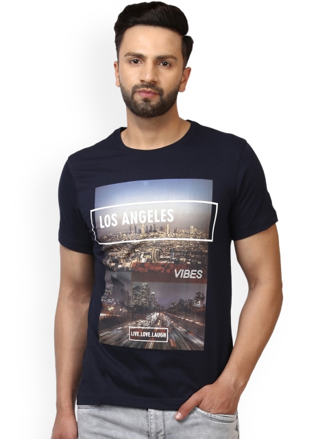 

Parx Men Navy Printed Round Neck T-shirt, Navy blue