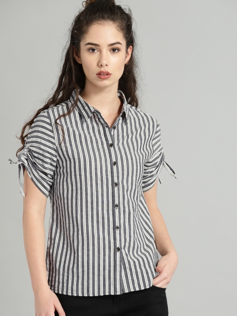 

Roadster Women Grey & White Regular Fit Striped Casual Shirt