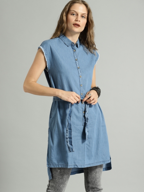 

Roadster Women Blue Slim Fit Solid Chambray Casual Longline Shirt