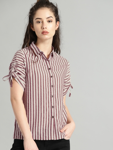 

Roadster Women Mauve & White Regular Fit Striped Casual Shirt