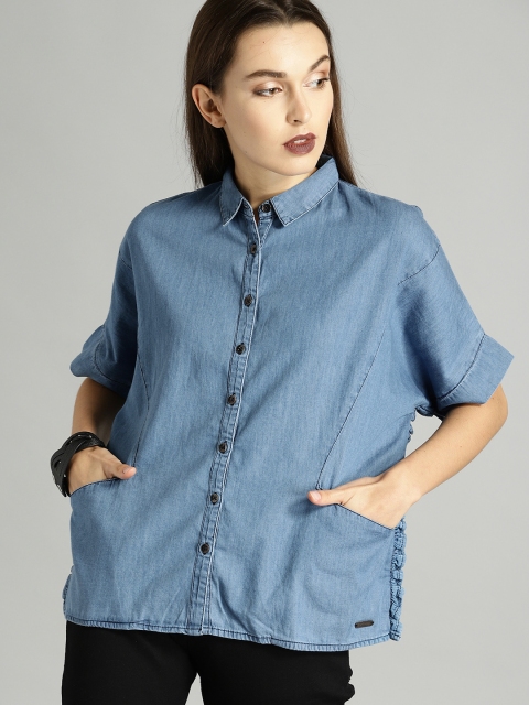 

Roadster Women Blue Regular Fit Solid Denim Casual Shirt