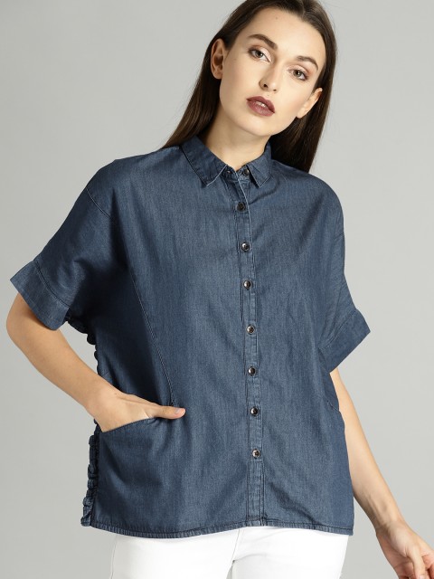 

Roadster Women Blue Regular Fit Solid Denim Casual Shirt