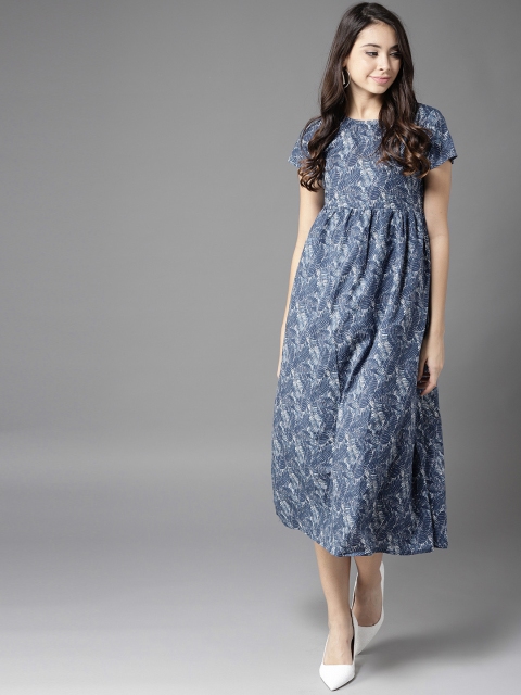 

Moda Rapido Women Navy Blue & Whit Tropical Printed Empire Dress