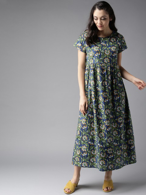 

Moda Rapido Women Navy Blue & Green Floral Printed Empire Dress