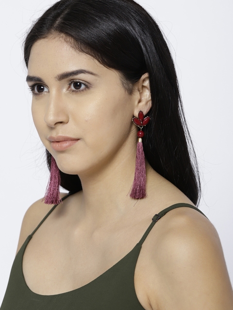

ChicMela Burgundy Stone-Studded Tasselled Drop Earrings