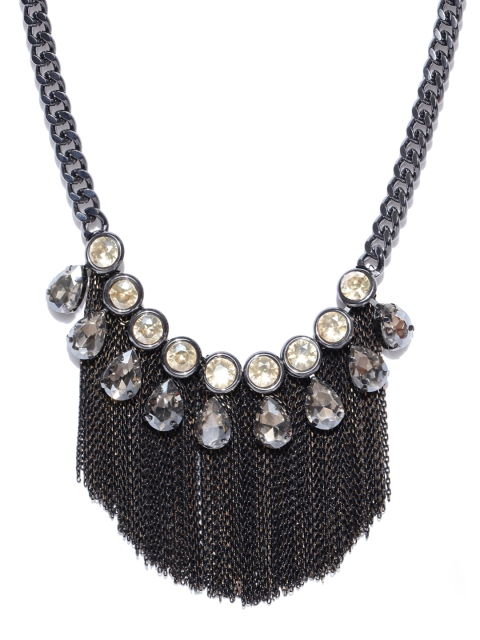 

ChicMela Gunmetal-Toned Stone-Studded Tasselled Necklace, Metallic