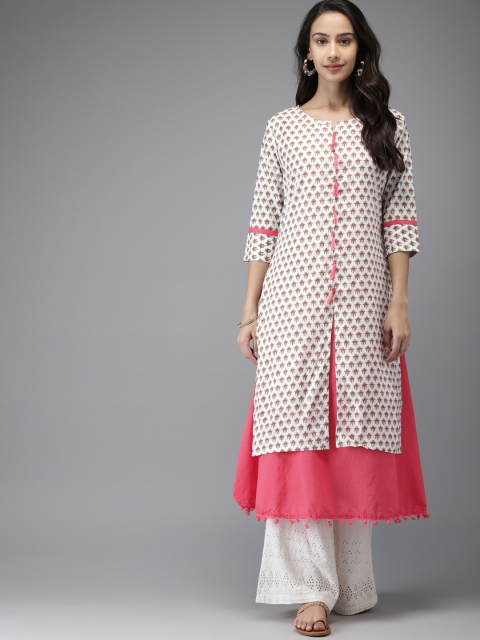 

Moda Rapido Women White & Pink Printed A-Line Kurta