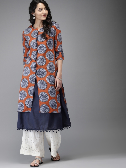

Moda Rapido Women Rust Orange & Navy Blue Printed A-Line Kurta