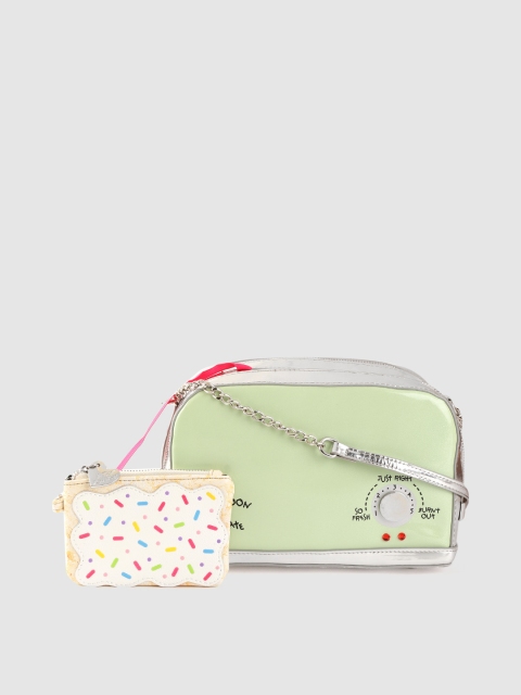 

Steve Madden Women Green & Silver-Toned Solid Structured Sling Bag with Small Pouch
