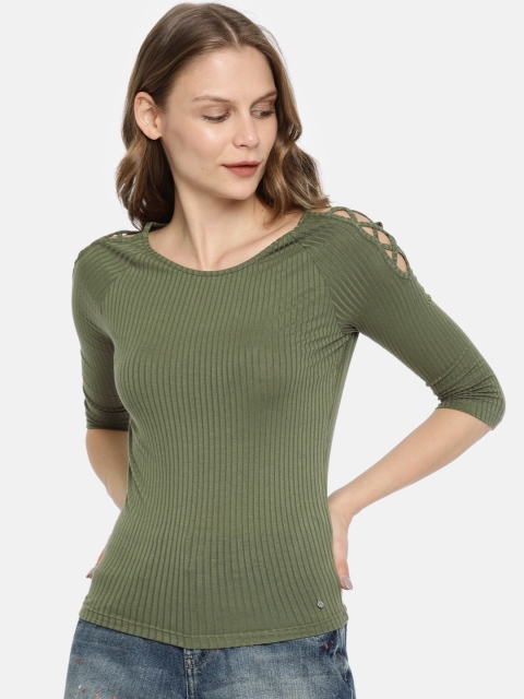 

ONLY Women Olive Green Solid Round Neck Top