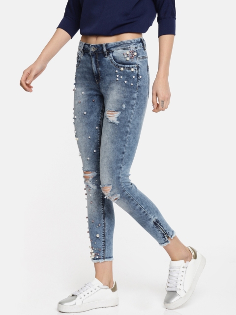 

ONLY Women Blue Skinny Fit Mid-Rise Mildly Distressed Stretchable Jeans