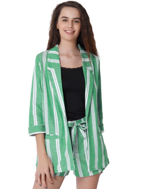 

ONLY Green & White Striped Casual Front-Open Blazer