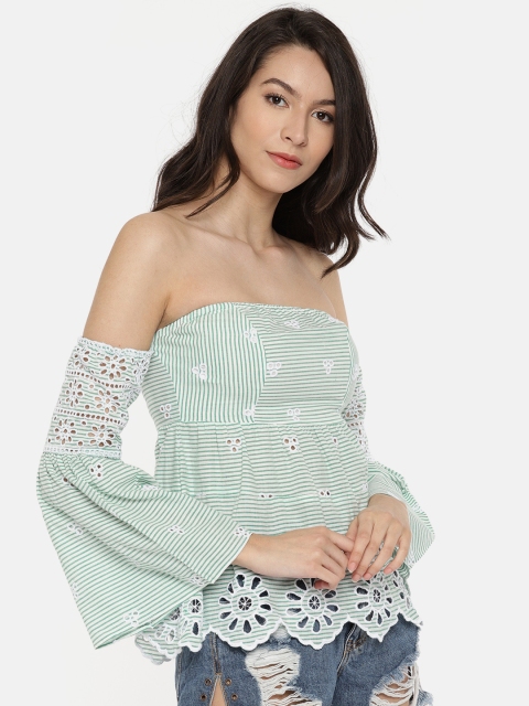 

ONLY Women White & Green Striped Bardot Top