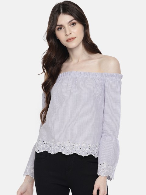 

ONLY Women White & Purple Striped Bardot Pure Cotton Top