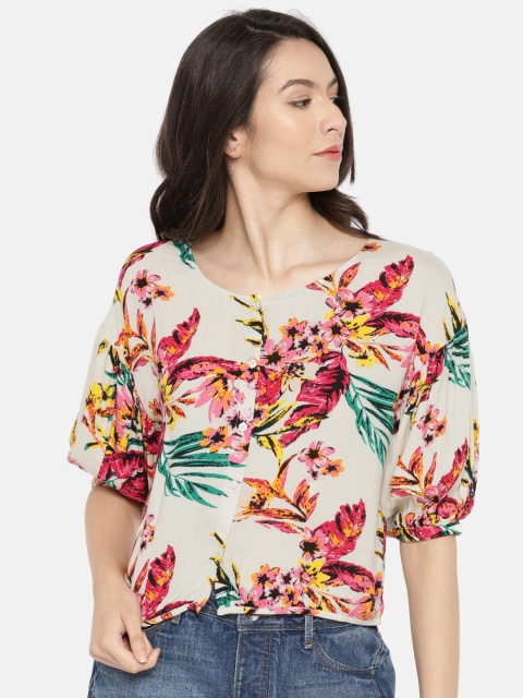 

ONLY Women Beige & Pink Printed Shirt Style Top