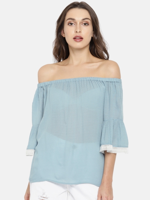 

ONLY Women Blue Self Design Off-shoulder Bardot Top