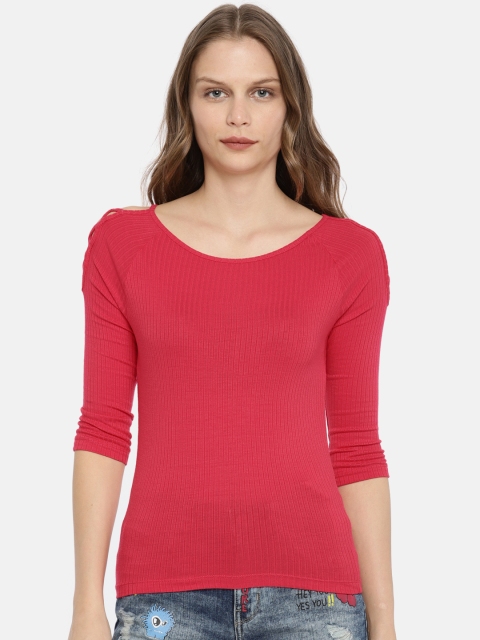 

ONLY Women Pink Striped Boat Neck Top