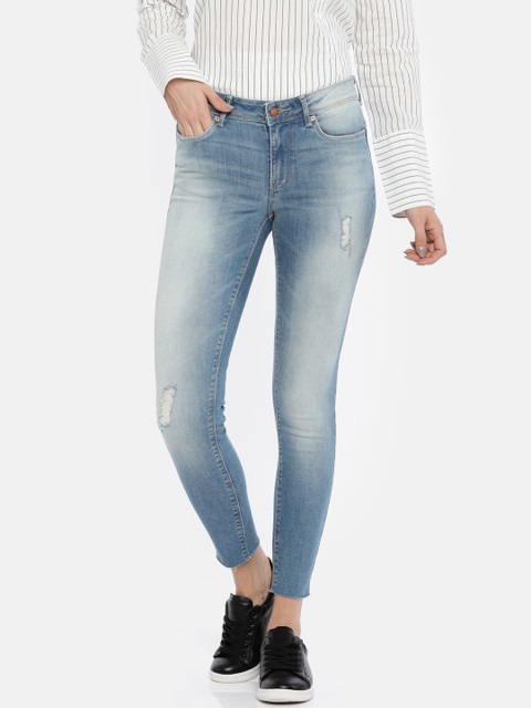 

ONLY Women Blue Skinny Fit Mid-Rise Low Distress Stretchable Cropped Jeans