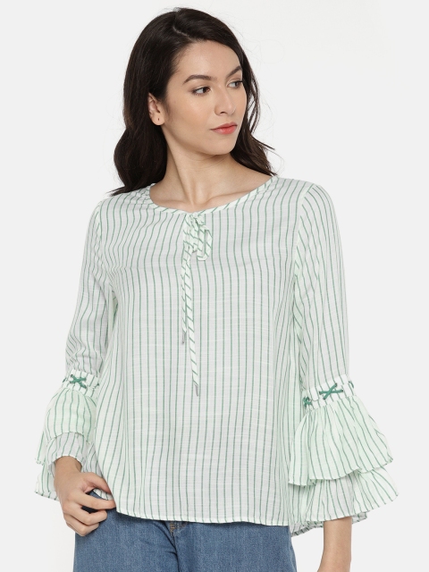 

ONLY Women White & Green Striped Top