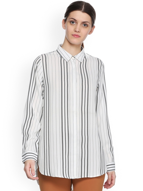 

Van Heusen Woman Women White & Black Regular Fit Striped Longline Formal Shirt