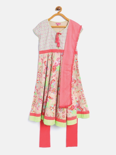 

Biba Girls Beige & Pink Printed Kurta with Churidar & Dupatta
