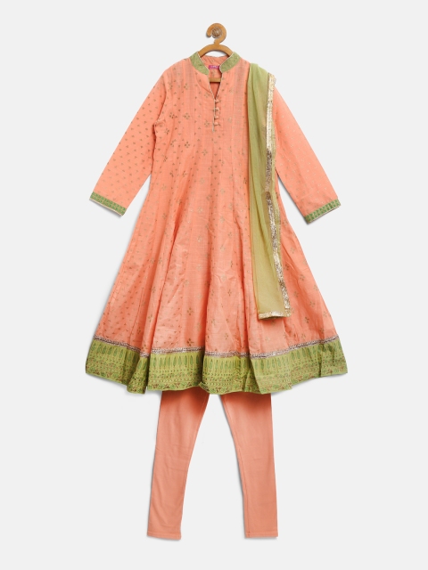 

Biba Girls Peach-Coloured & Olive Green Printed Kurta with Churidar & Dupatta