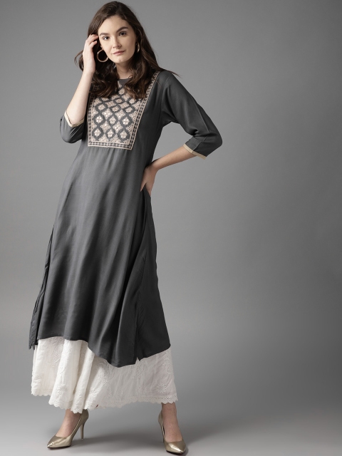 

Moda Rapido Women Charcoal Grey Yoke Design A-line Kurta