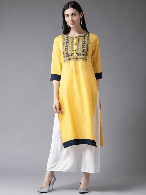 

Moda Rapido Women Yellow & Navy Embroidered Straight Kurta