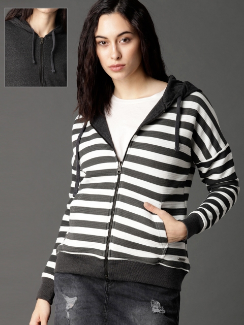 

Roadster Women Charcoal Grey & White Striped Hooded Sweatshirt