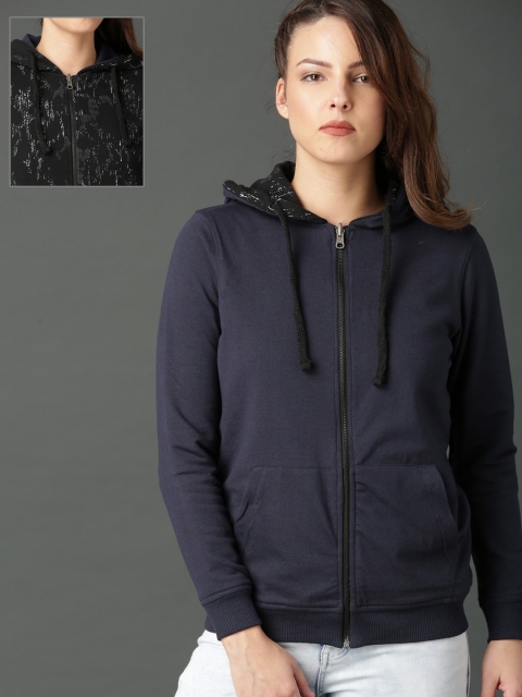 

Roadster Women Black & Navy Blue Printed Hooded Sweatshirt