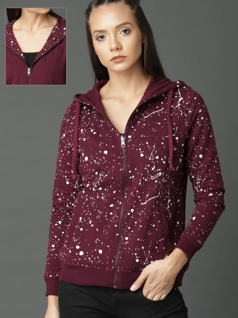 

Roadster Women Burgundy Printed Hooded Reversible Sweatshirt