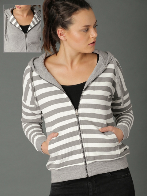 

Roadster Women White & Grey Striped Hooded Reversible Sweatshirt