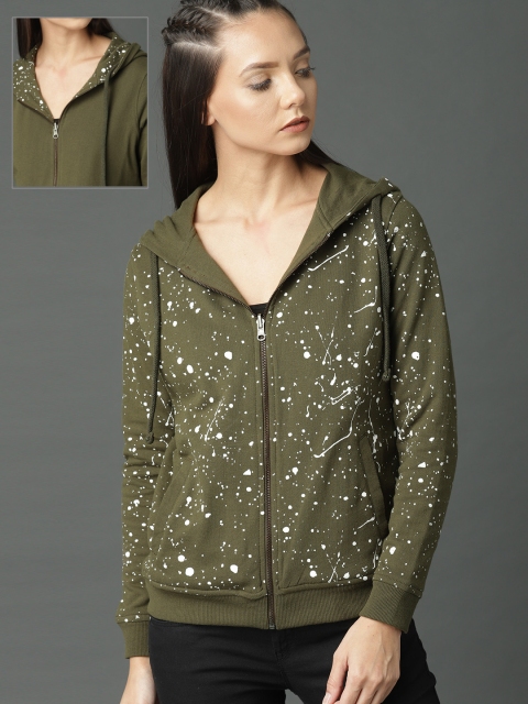 

Roadster Women Olive Green Printed Hooded Reversible Sweatshirt