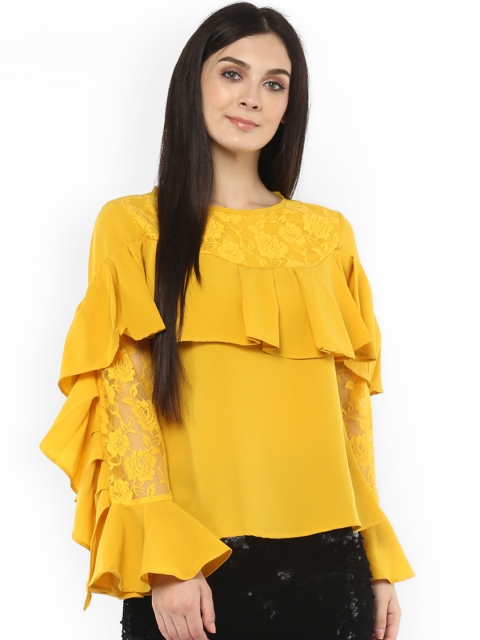 

WoowZerz Women Yellow Solid Ruffle Top, Mustard