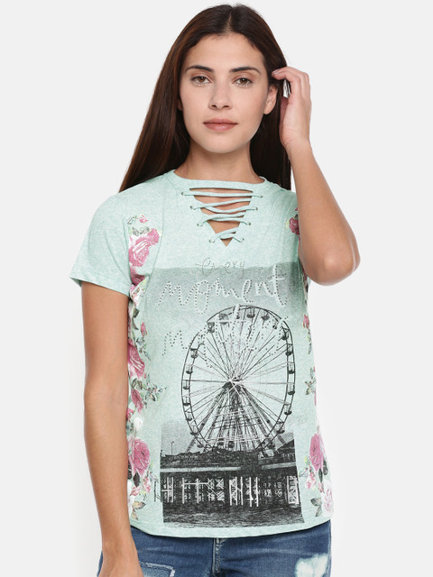 

Madame Women Turquoise Blue Printed Top