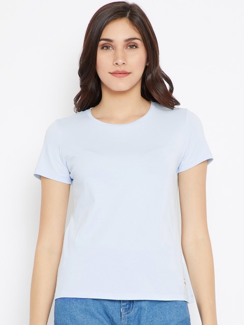

Madame Women Blue Solid Round Neck T-shirt