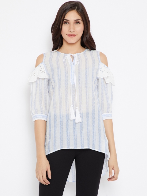 

Madame Women White & Blue Striped High-Low Top