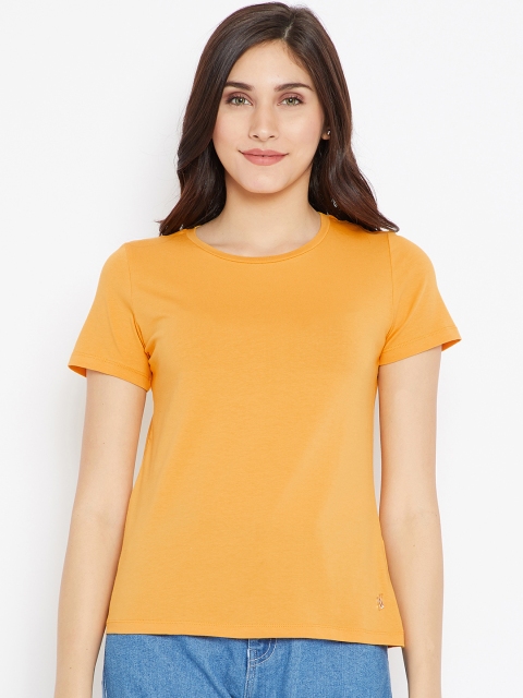 

Madame Women Mustard Yellow Solid Round Neck T-shirt